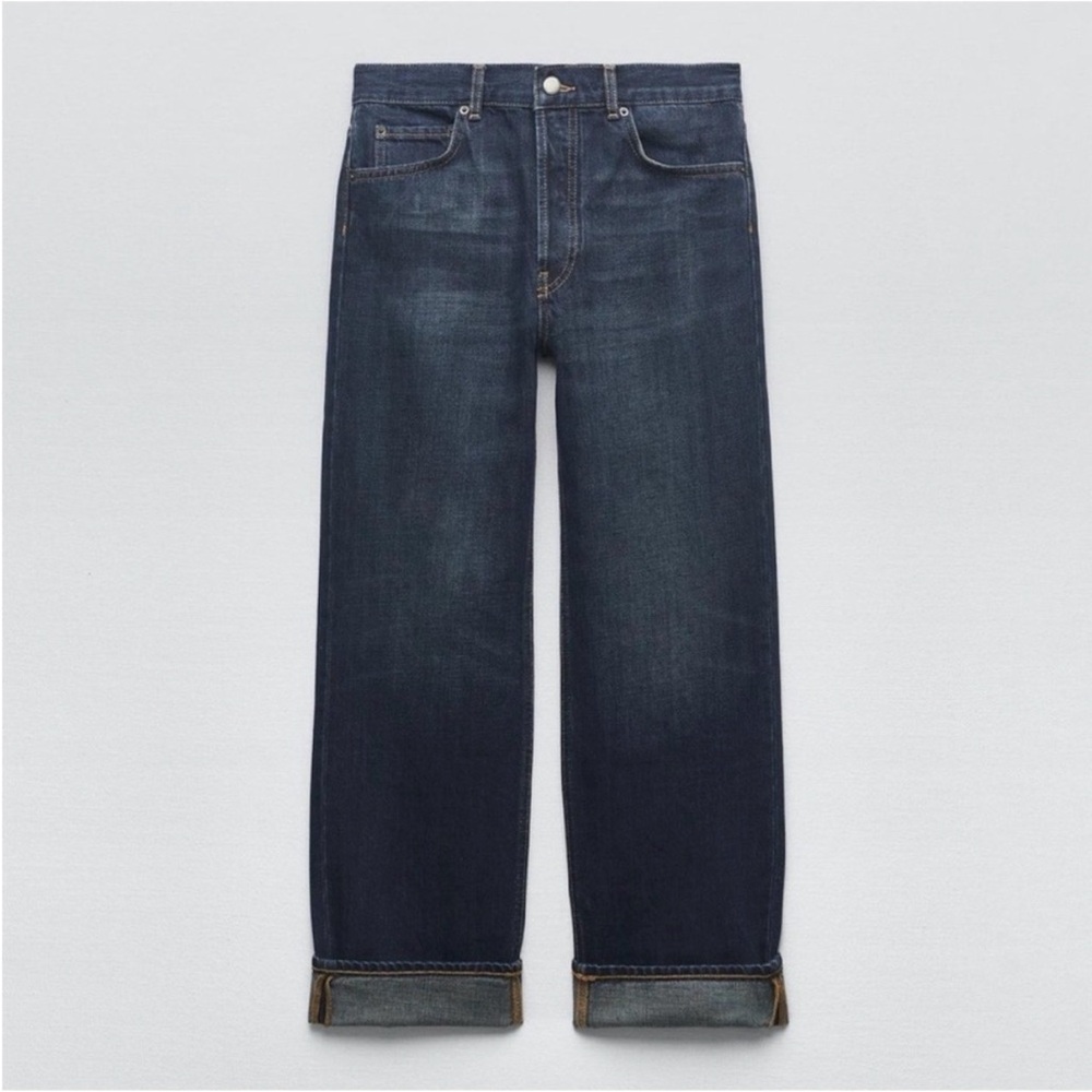 NWT Zara Mid-Rise Relaxed Boyfriend Jeans in dark blue wash